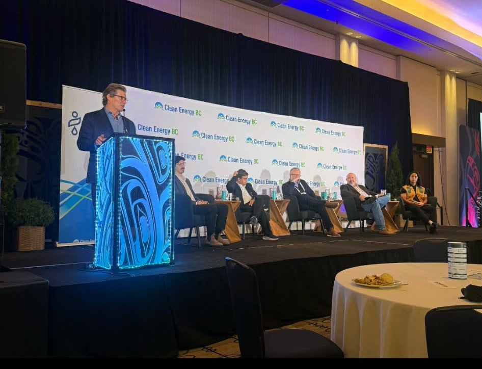Blue illuminated podium at the BC First Nations Energy Summit