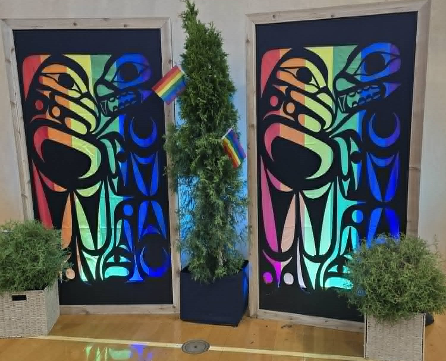 Rainbow illuminated panels honouring Two-Spirit students