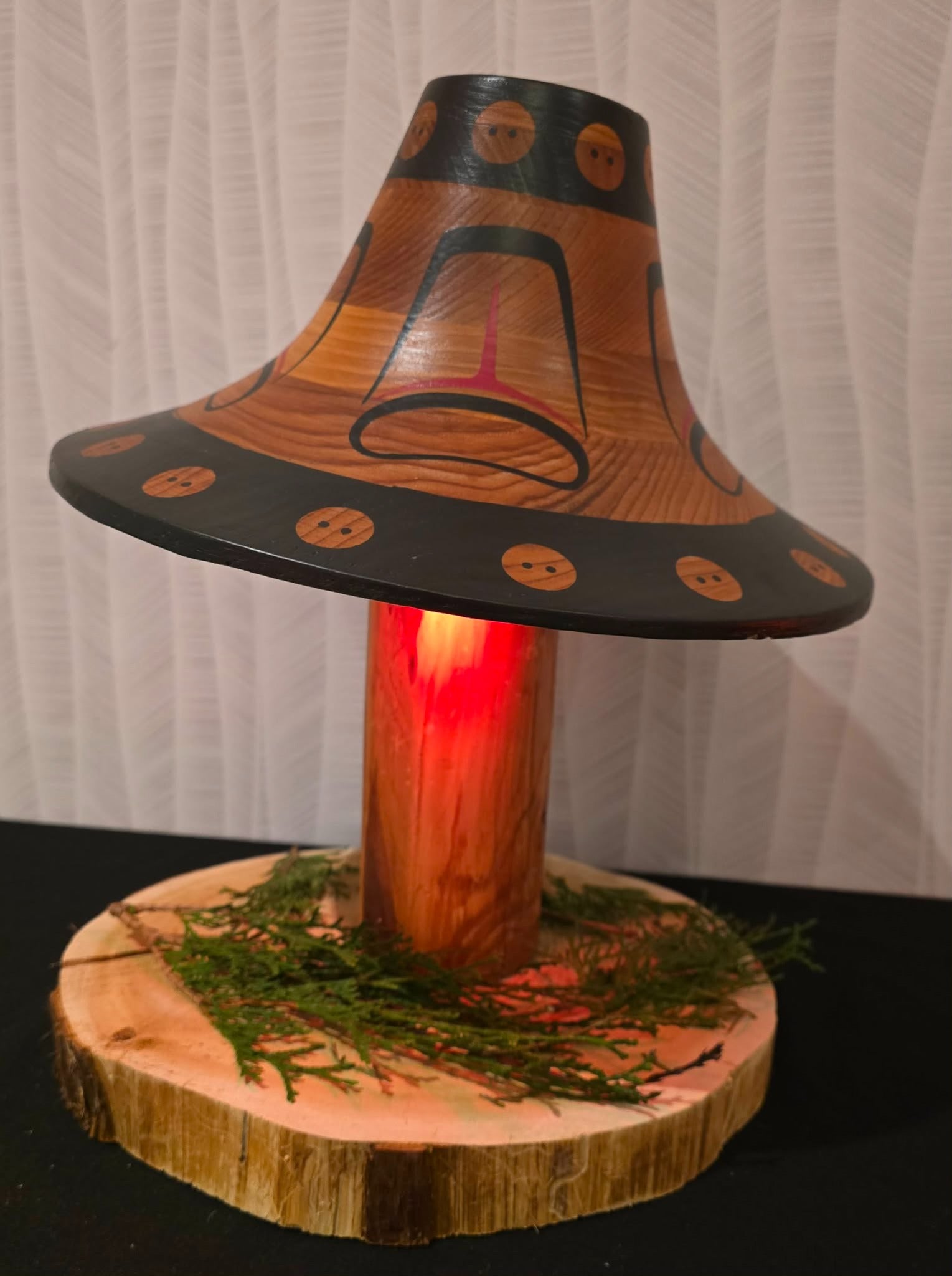 Cedar hat buffet display on live-edge wood
