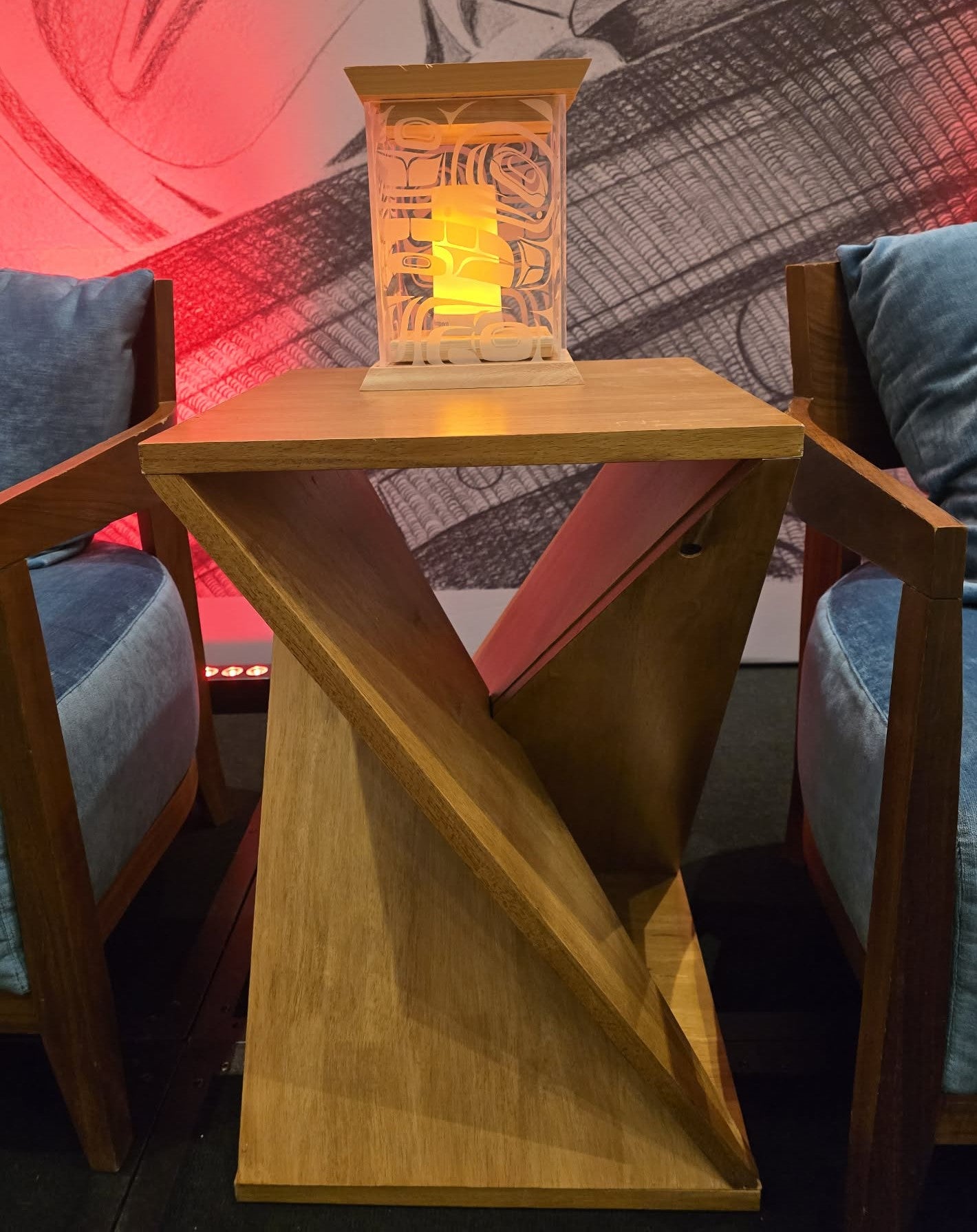 Wooden side table with illuminated Bentwood Box